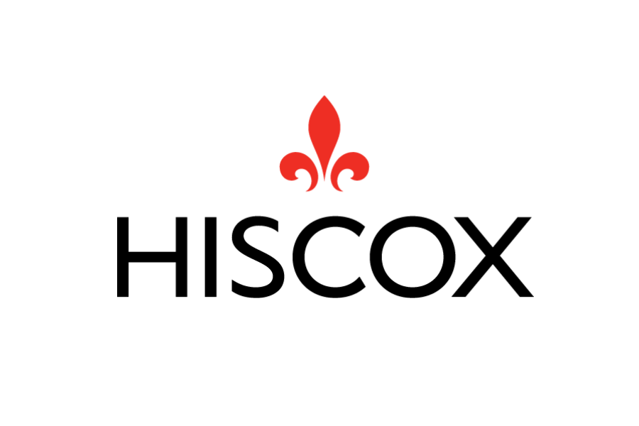 Hiscox logo, black text, red fleur-de-lis symbol above.