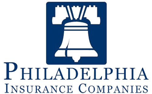 Philadelphia Insurance Companies logo: Blue Liberty Bell inside a blue square, text below.