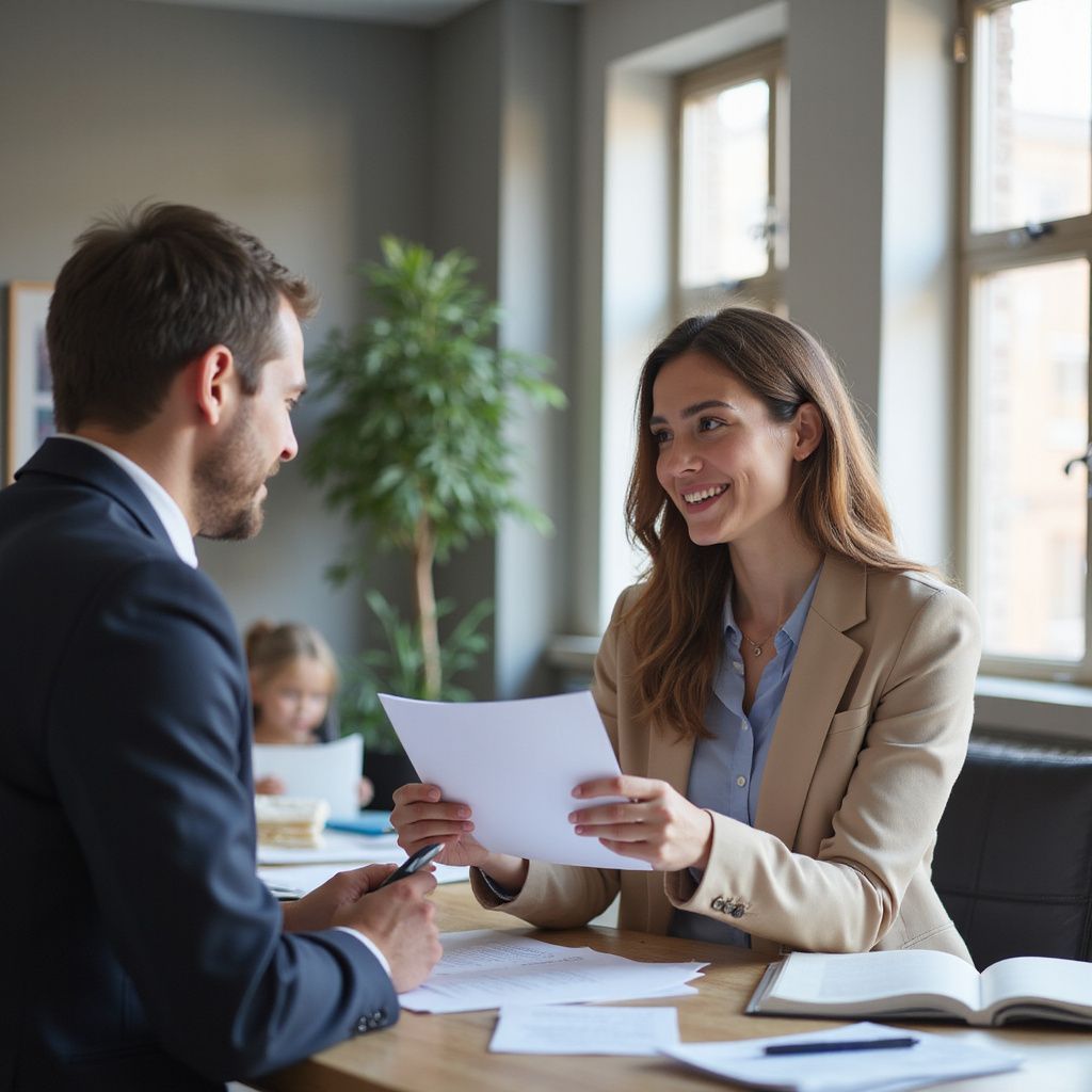Woman in blazer smiles, hands document to man in suit. They sit at a desk.