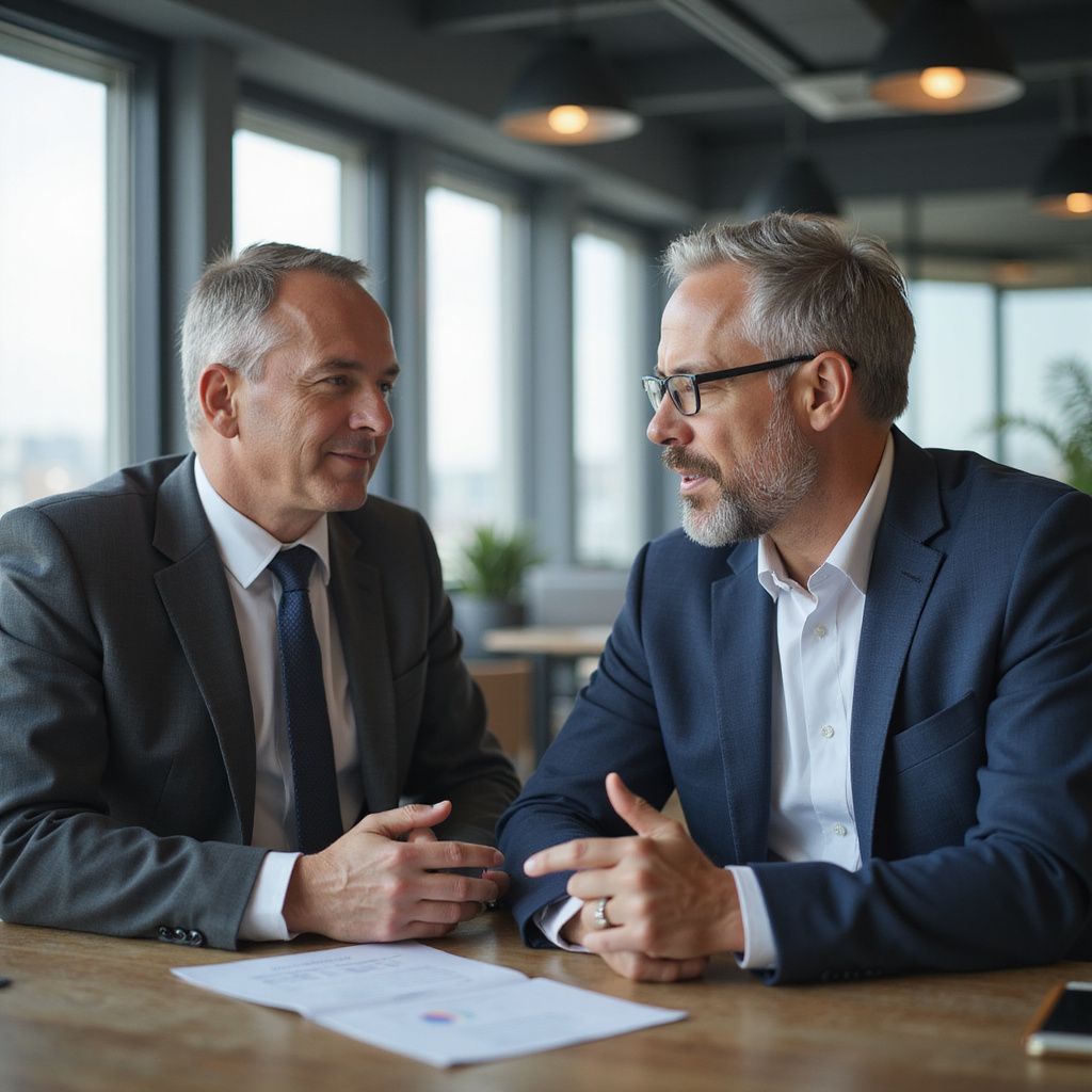 Two men in suits, discussing documents at a table. One gestures, the other listens.