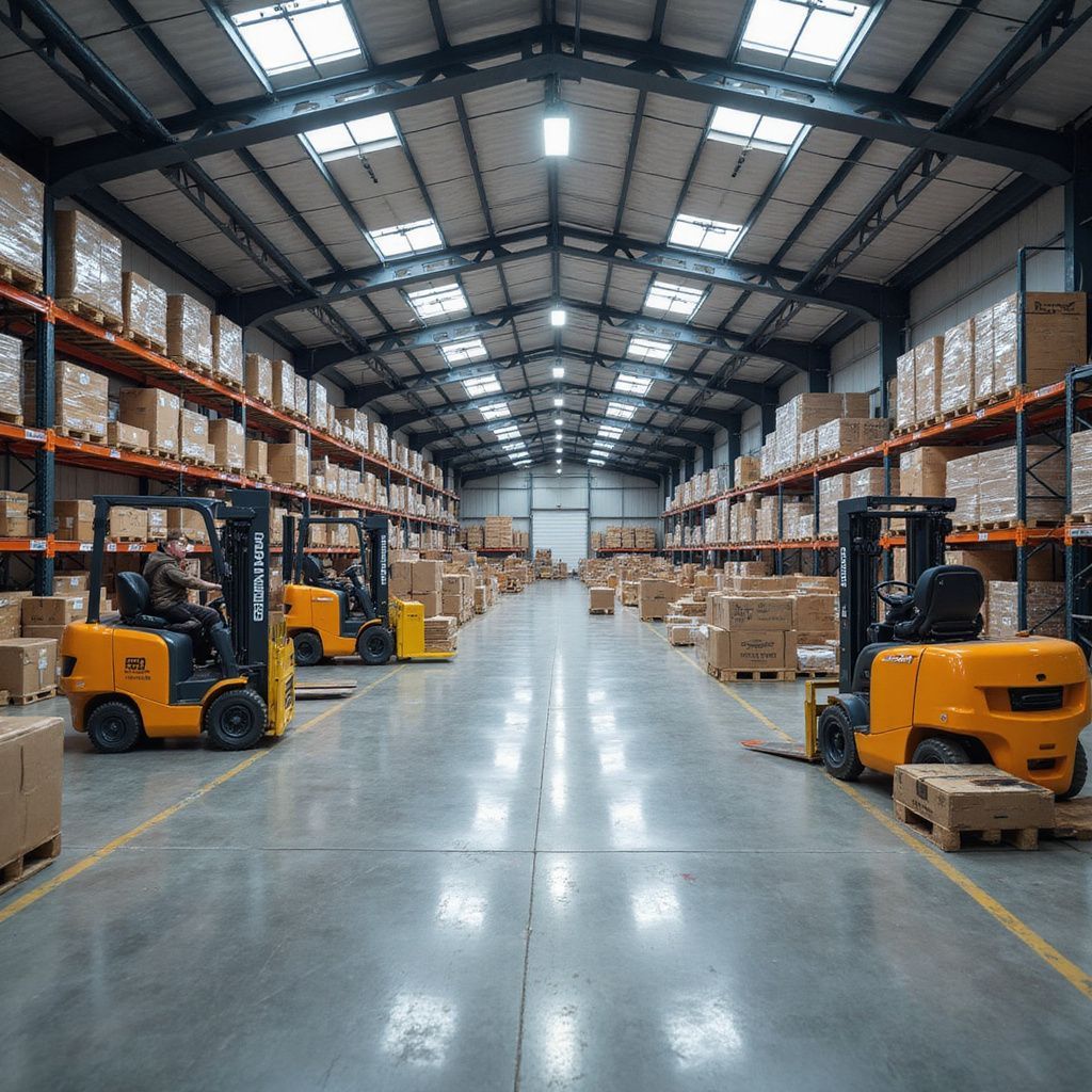 Warehouse interior with rows of packed shelves, forklifts, and concrete floor.