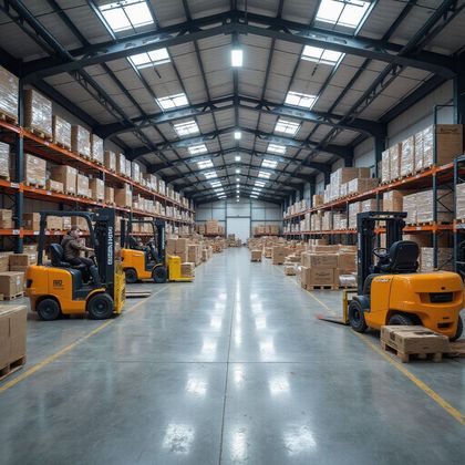 Warehouse interior with rows of packed shelves, forklifts, and concrete floor.