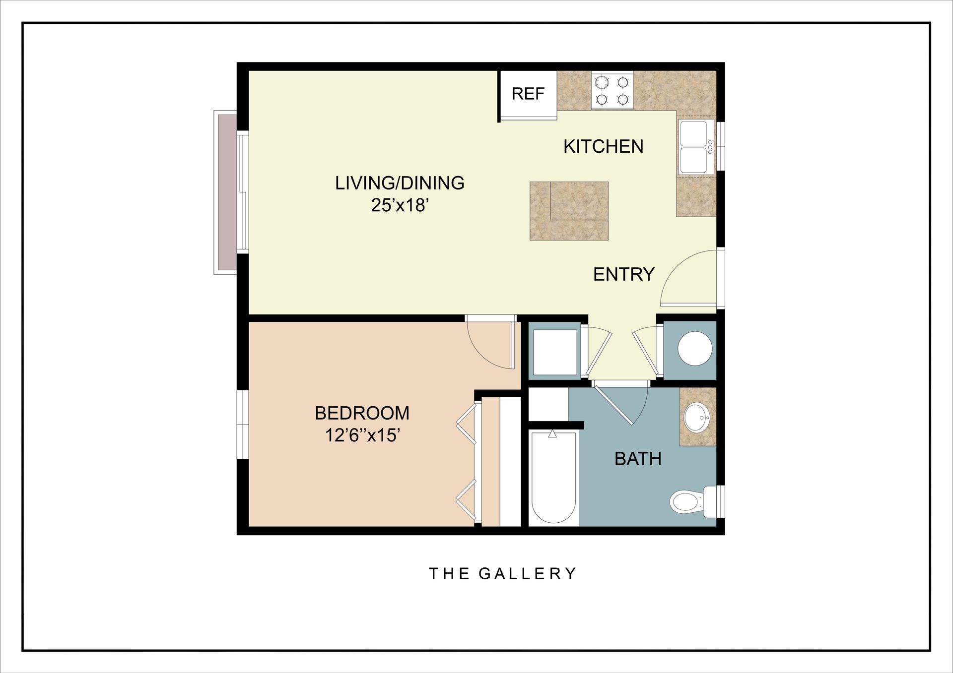 Floor plan of a square, one-bedroom apartment with a kitchen, living/dining area, and bathroom.