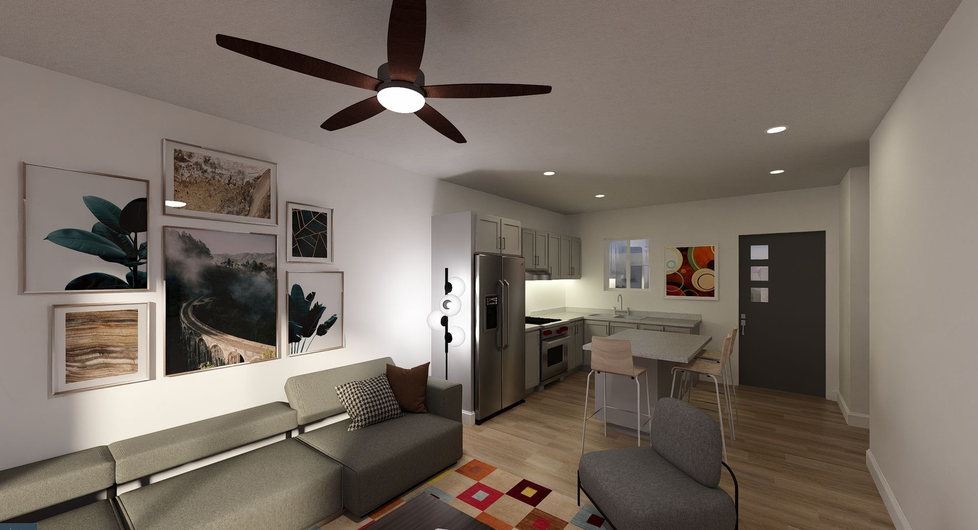 Living room with gallery wall, sectional sofa, ceiling fan, and dining area.