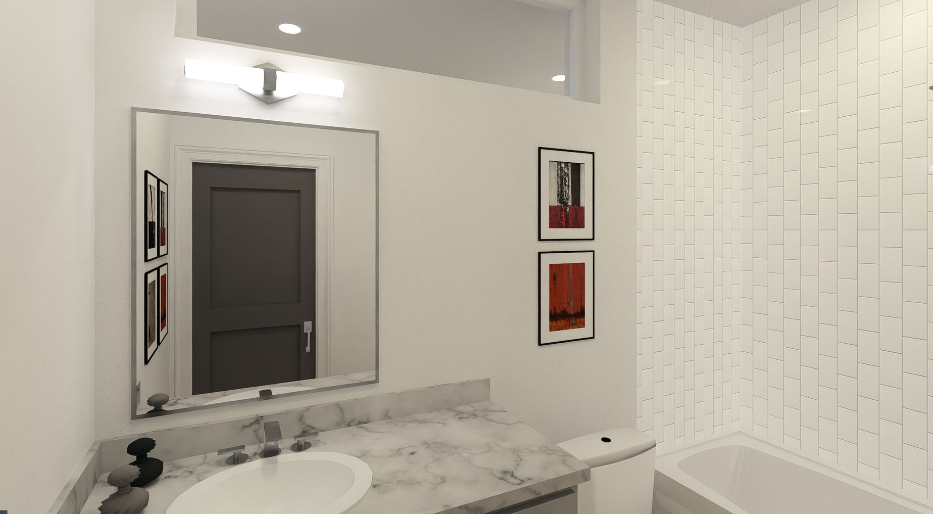 Bathroom with marble countertop, mirror, artwork, and white tile tub surround.