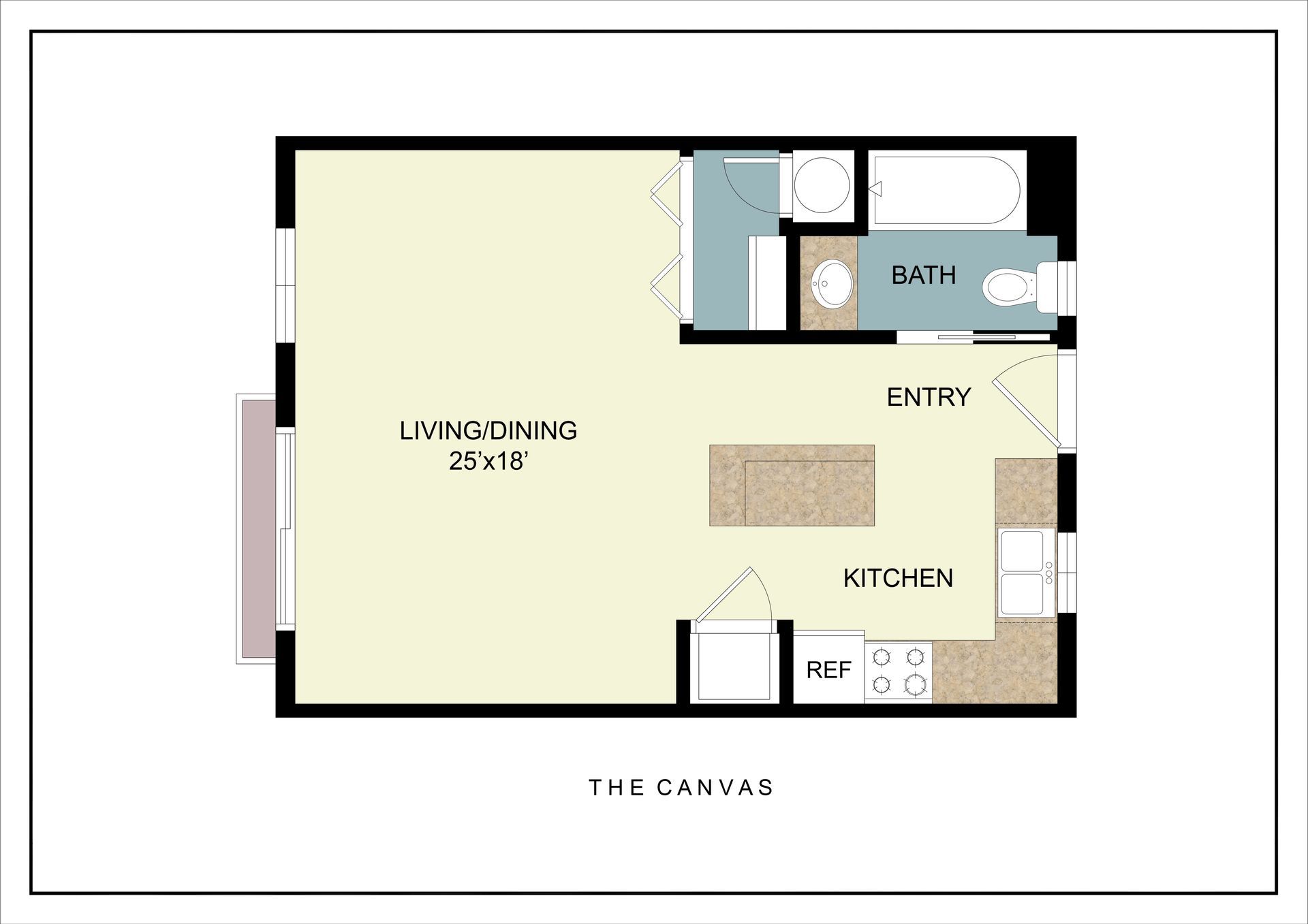 Floor plan of a studio apartment with living/dining area, kitchen, bathroom, and entry.