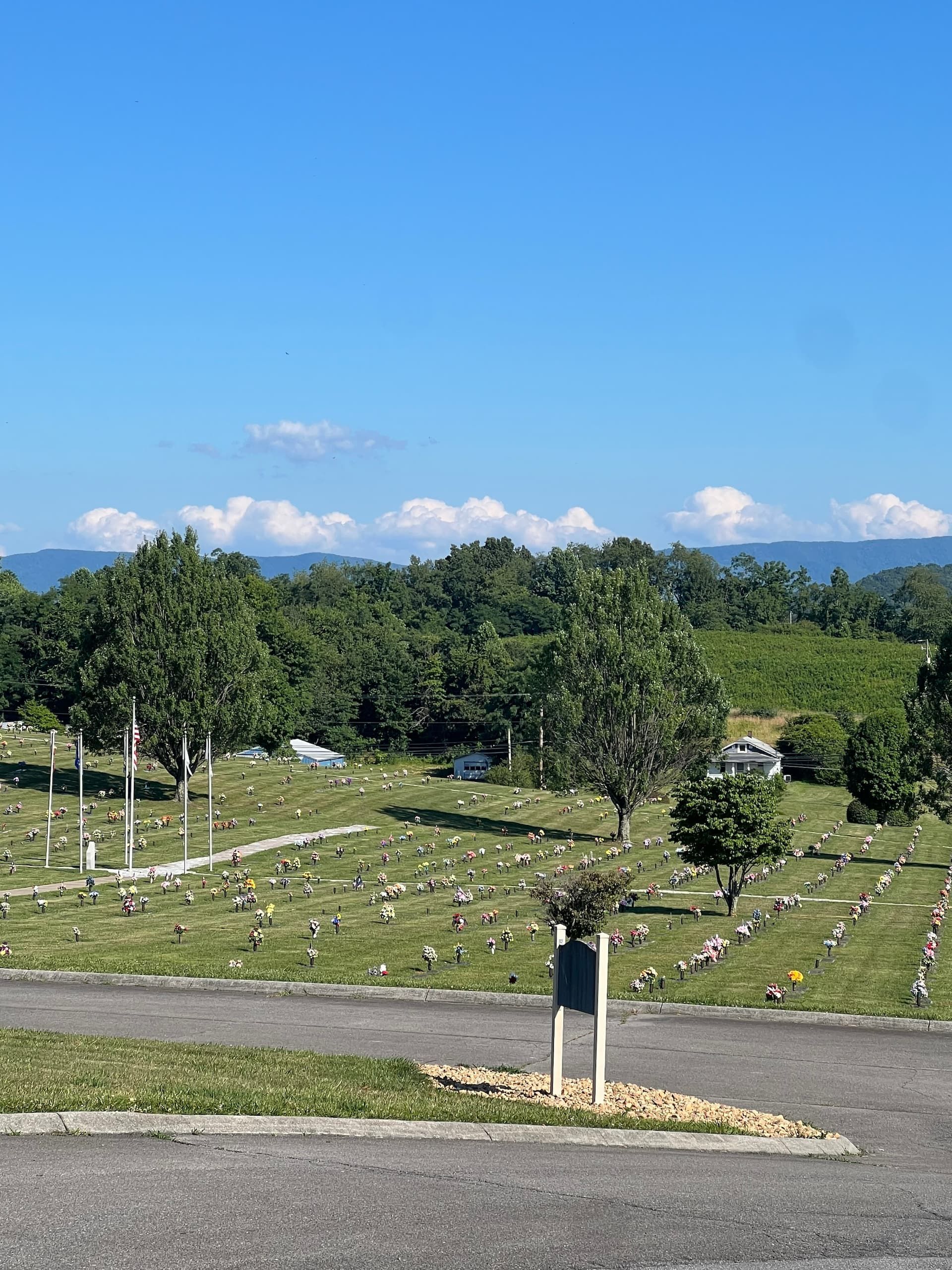 Cemetery with numerous headstones on a grassy hill, trees in the background, blue sky with small clouds.
