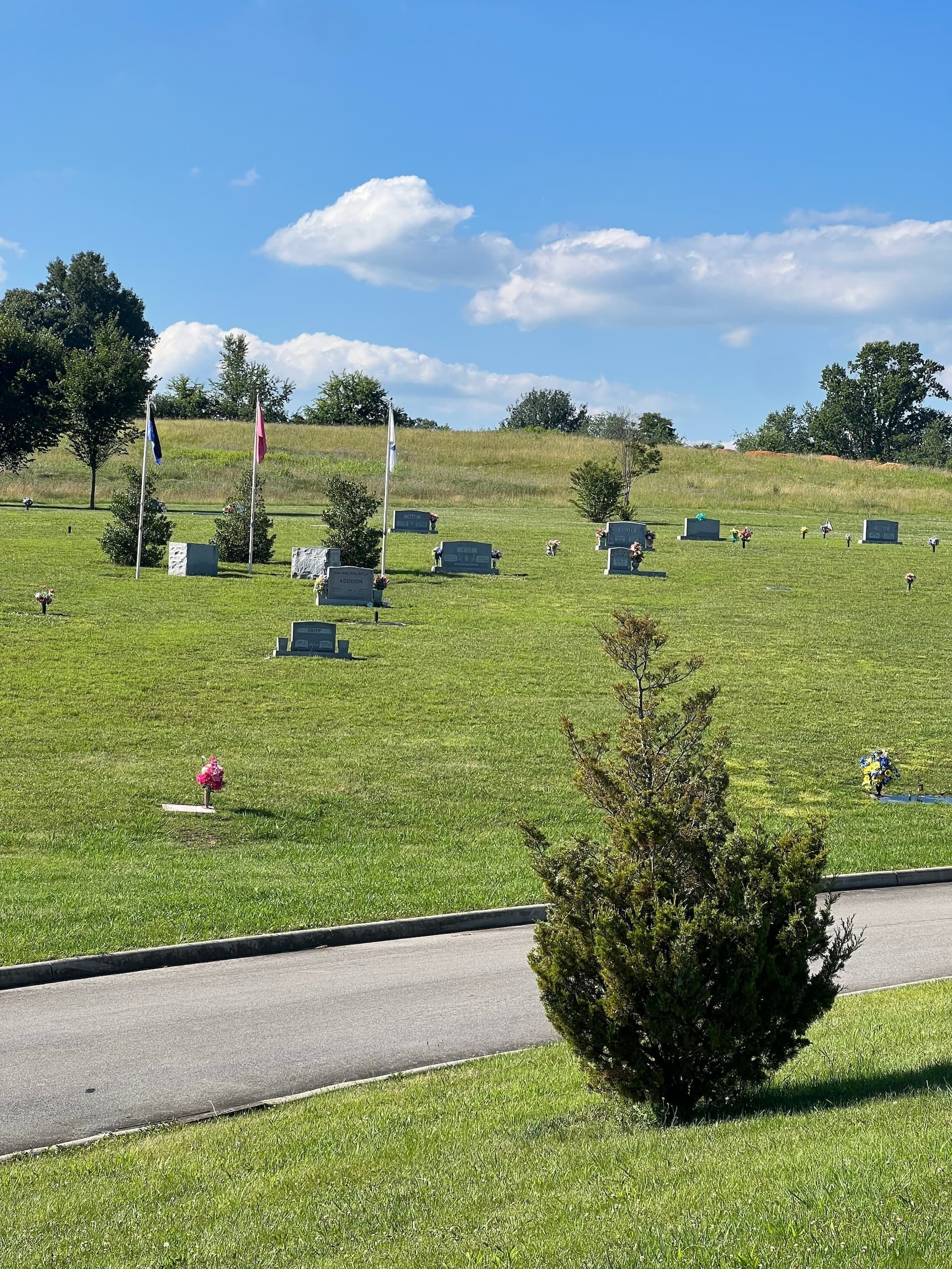 Green grassy cemetery with headstones under a blue sky, flags are visible.