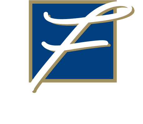 Blue square logo with a white script "F", gold outline, and white text below.