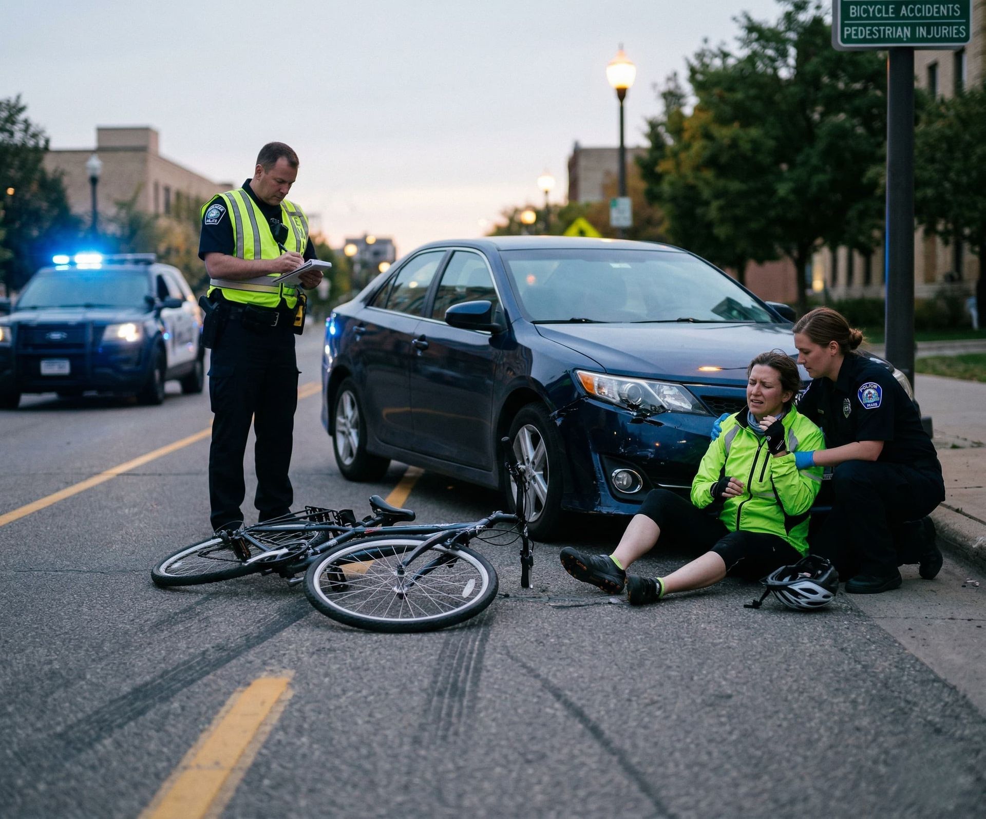 A biker on the ground after she was hit by a blue car being looked after by officers -  she is clearly injured