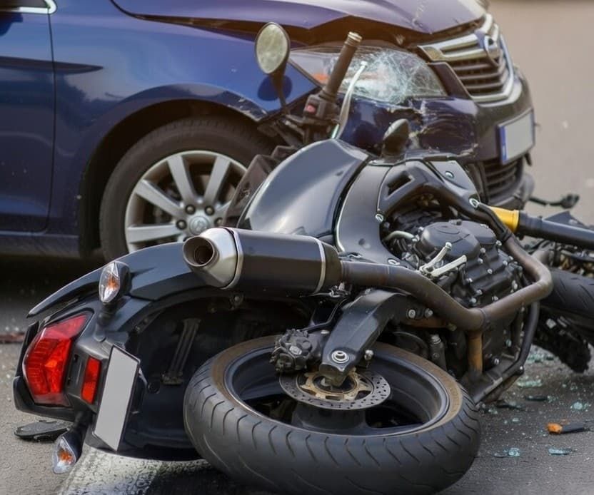 A motorcycle lying on its side after getting run into by a car