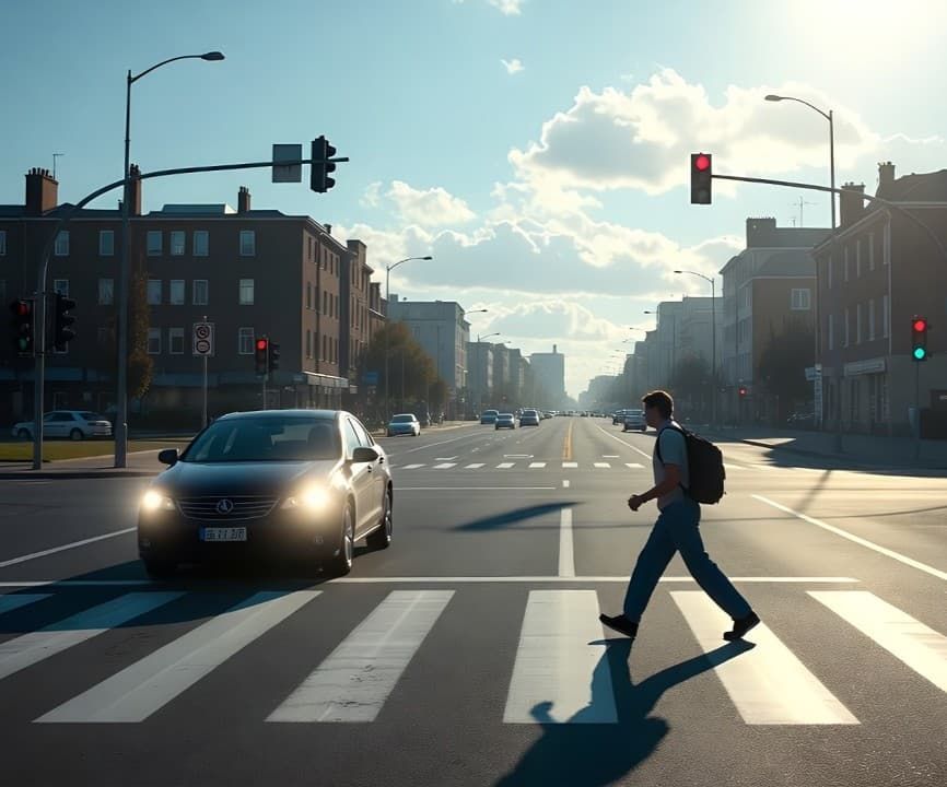 A pedestrian crossing a street with a car running a red light