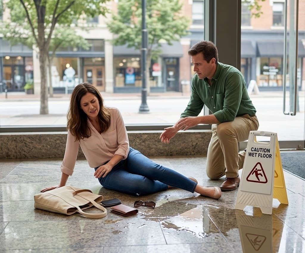 A woman being tended to by a man after she has fallen on a wet floor.