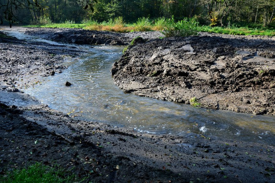 Muddy stream flowing through a dirt bank, with vegetation in the background.