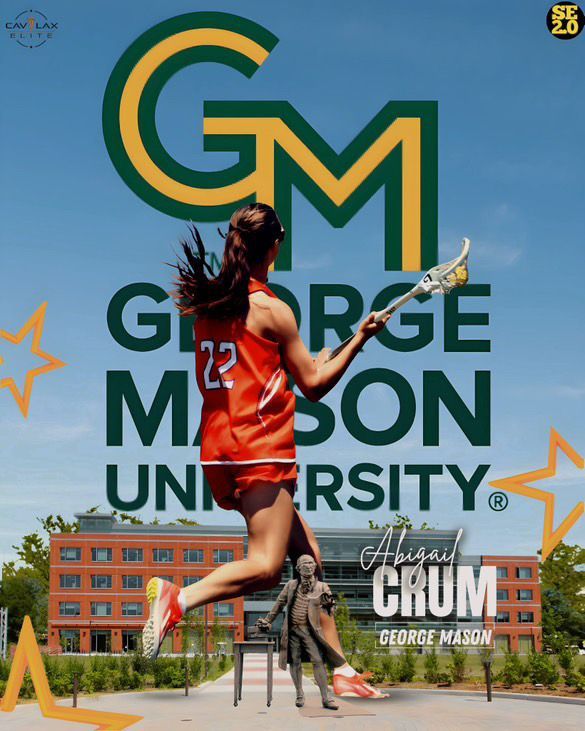 Athlete commits to George Mason University women’s lacrosse, standing in front of GMU branding and Patriot logo