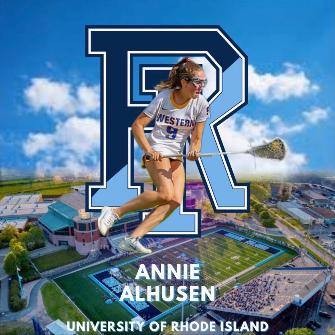 Player in blue lacrosse uniform, committed with university backdrop and skyline