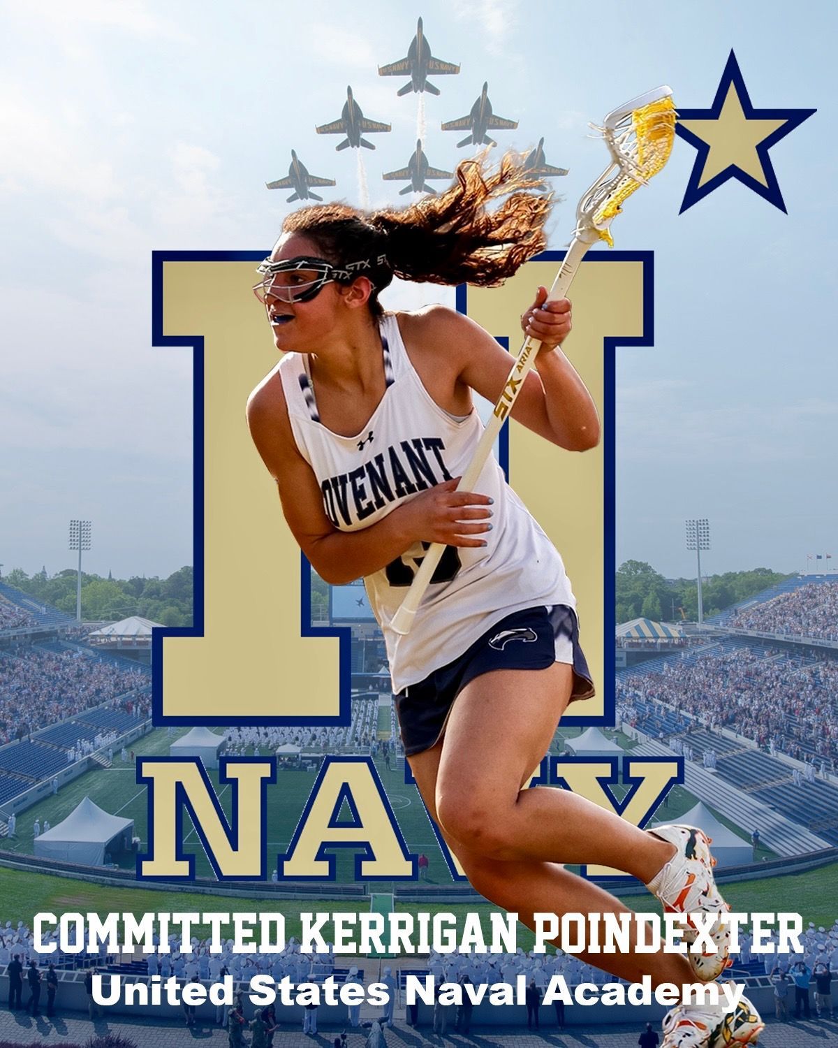 Kerrigan Poindexter commits to Navy with Navy logo in background