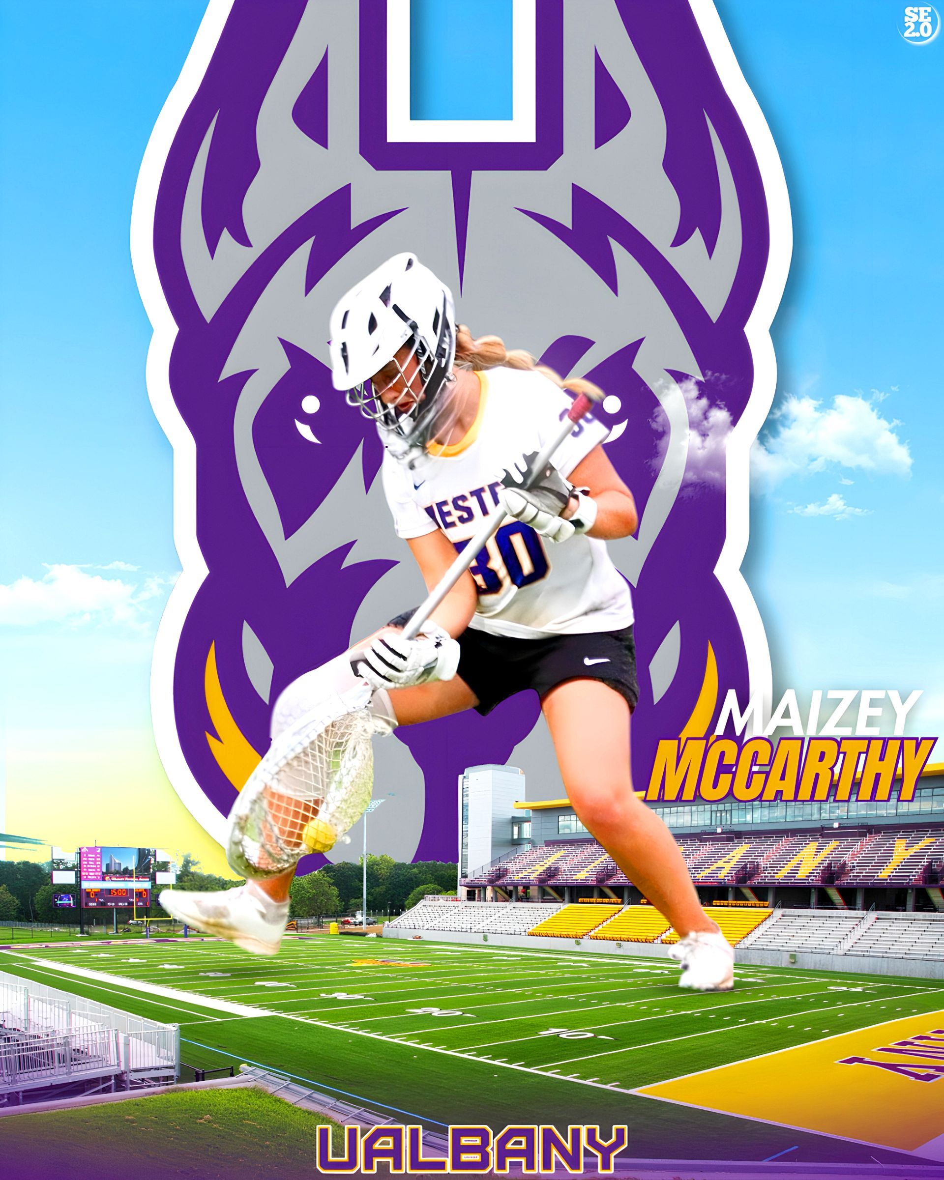 Maizey McCarthy shown in action with purple team logo in background