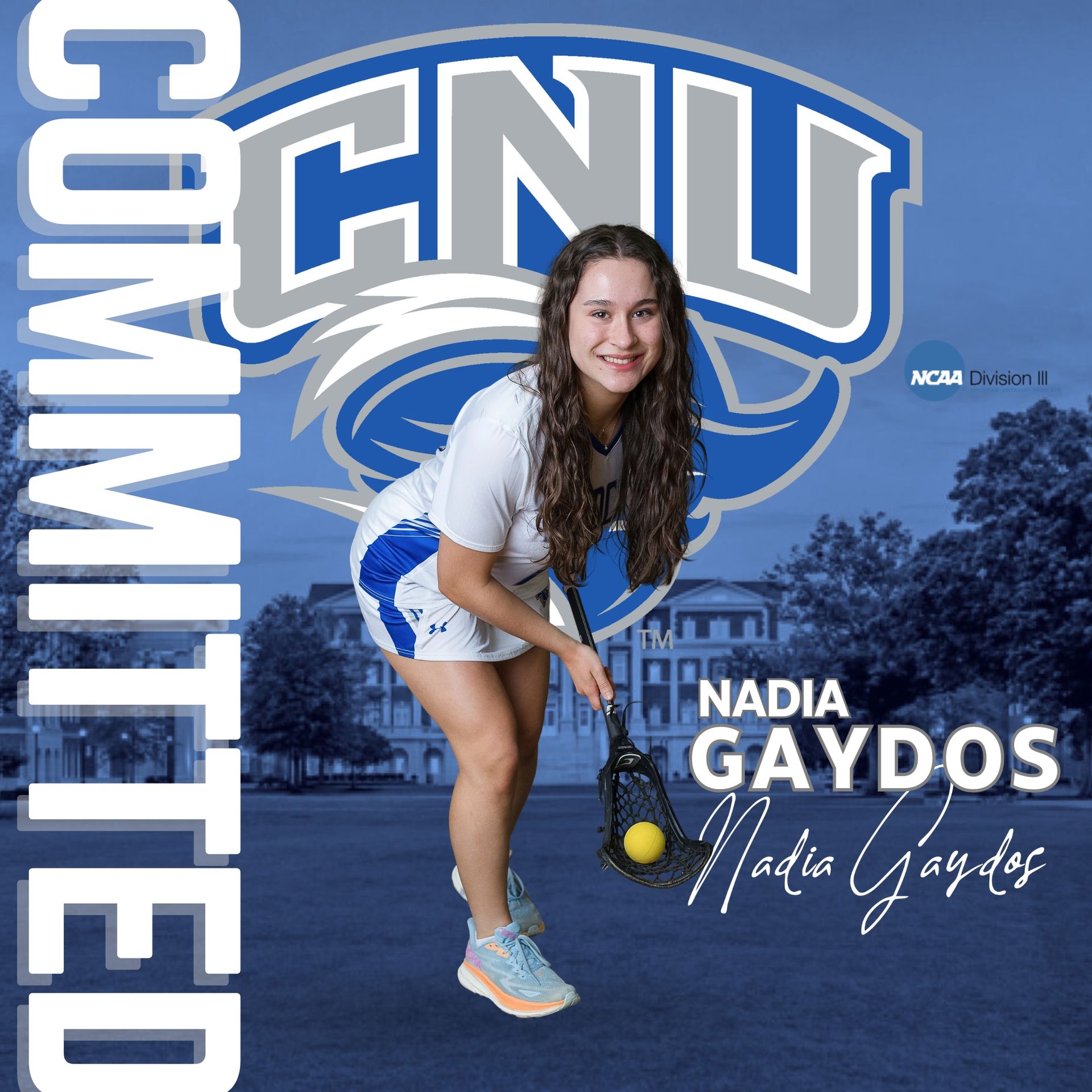 Nadia Gaydos posed with school branding in blue tones