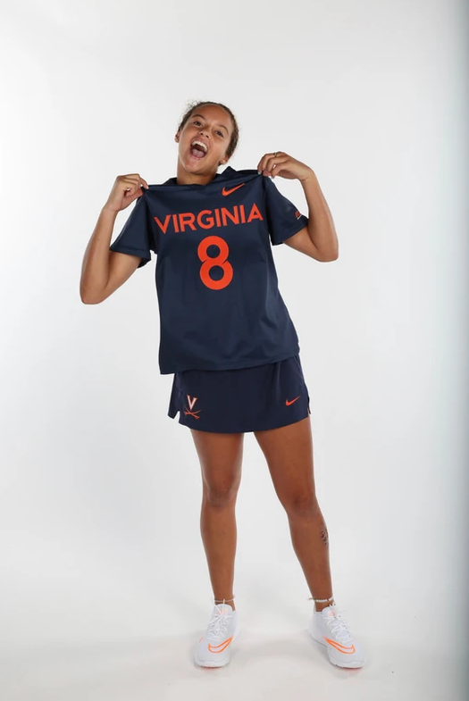 CAV Lax Elite athlete in UVA uniform jersey #8, captured in posed or celebratory moment