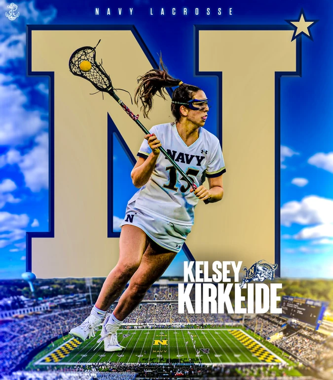 Kelsey commits to Navy Women’s Lacrosse, shown in action wearing white jersey with NAVY logo in backdrop