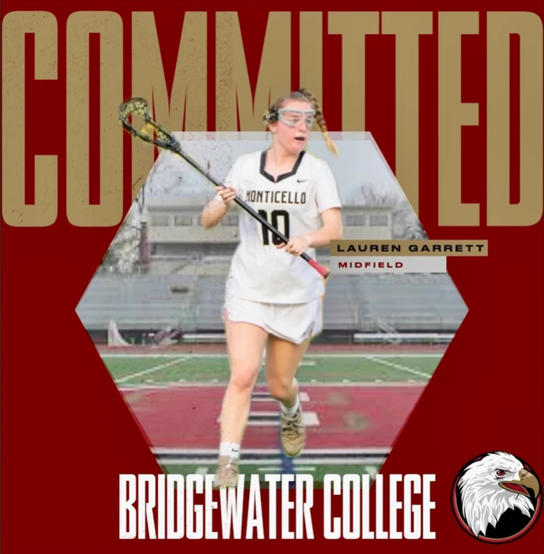 Lauren Garrett commits to college lacrosse, wearing Monticello white uniform #10 with bold red background