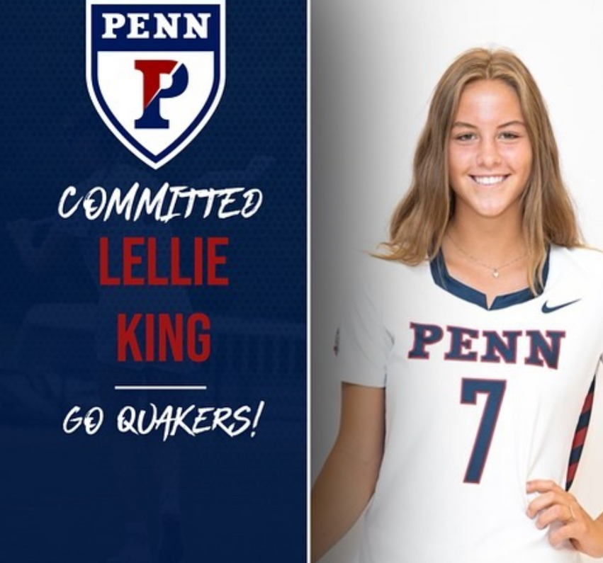 Image of Lellie King who committed to Penn with university logo in background
