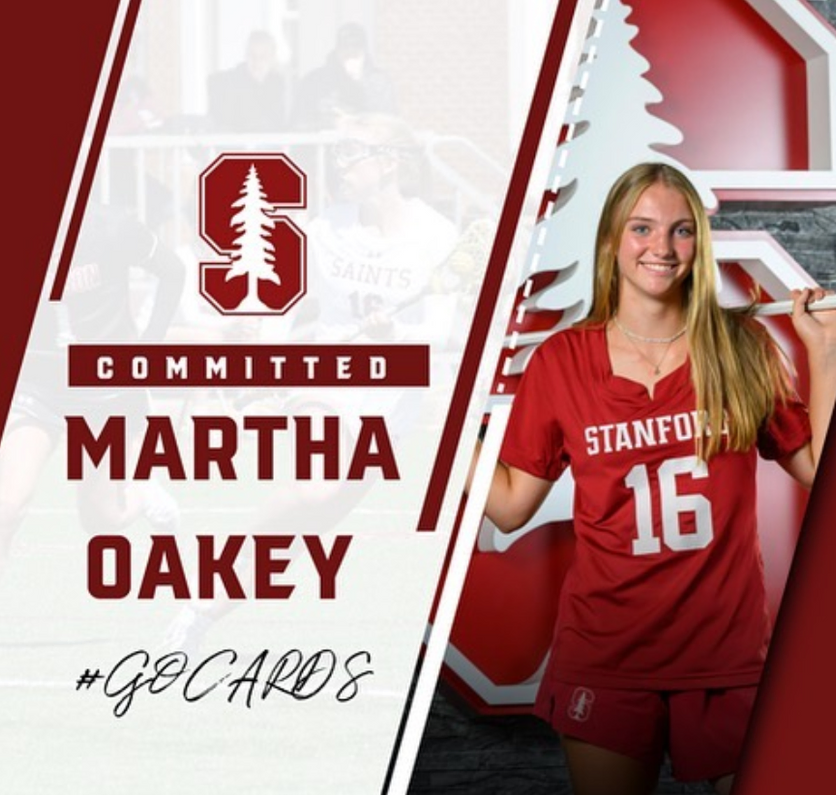 Image of Martha Oakey who committed to Stanford with university logo in background