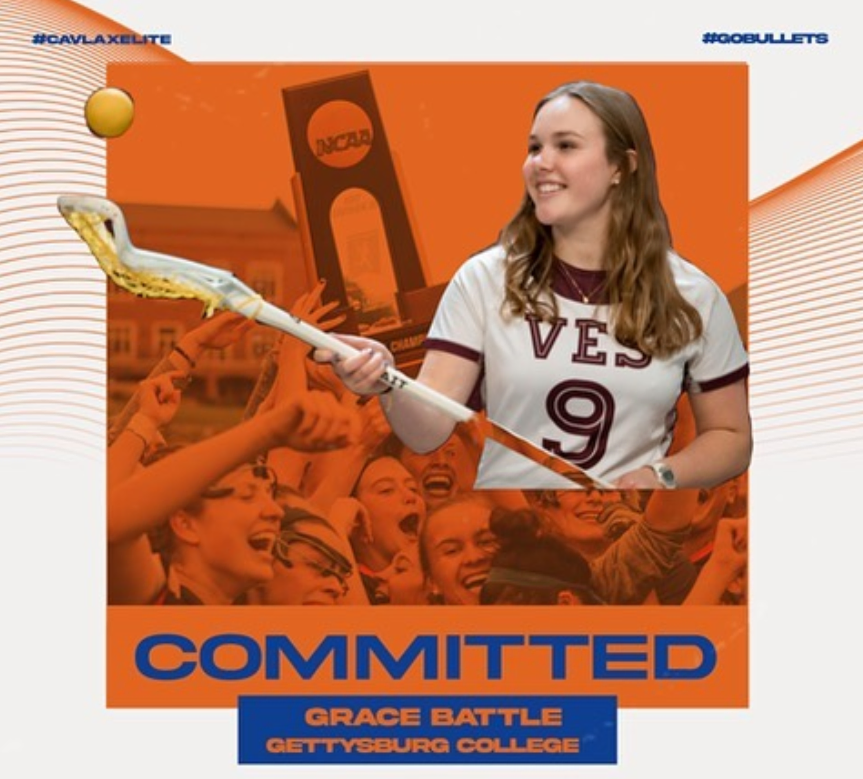 CAV Lax Elite player in jersey #9 commits to college lacrosse team, featured with stick and celebratory crowd background