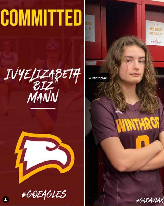 Image of Biz Mann who committed to Winthrop University with university logo in background