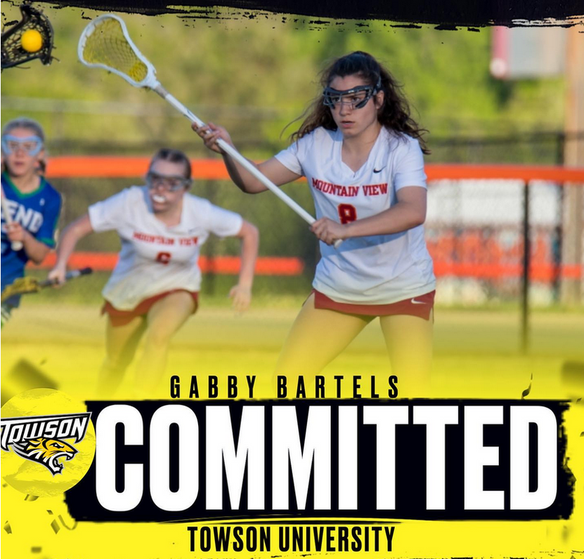 Image of Gabby Bartels who committed to Towson University with university logo in background