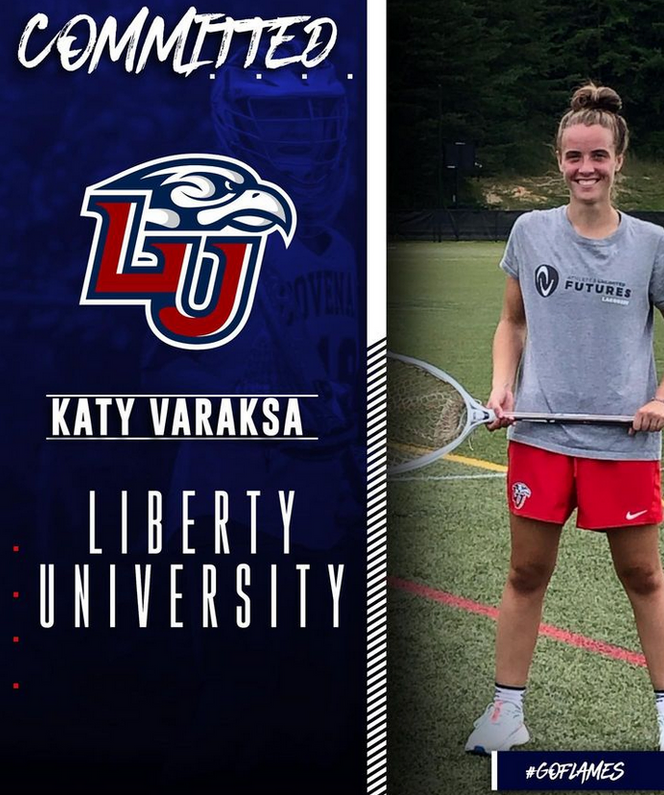 Image of Katy Varaksa who committed to Liberty University with university logo in background