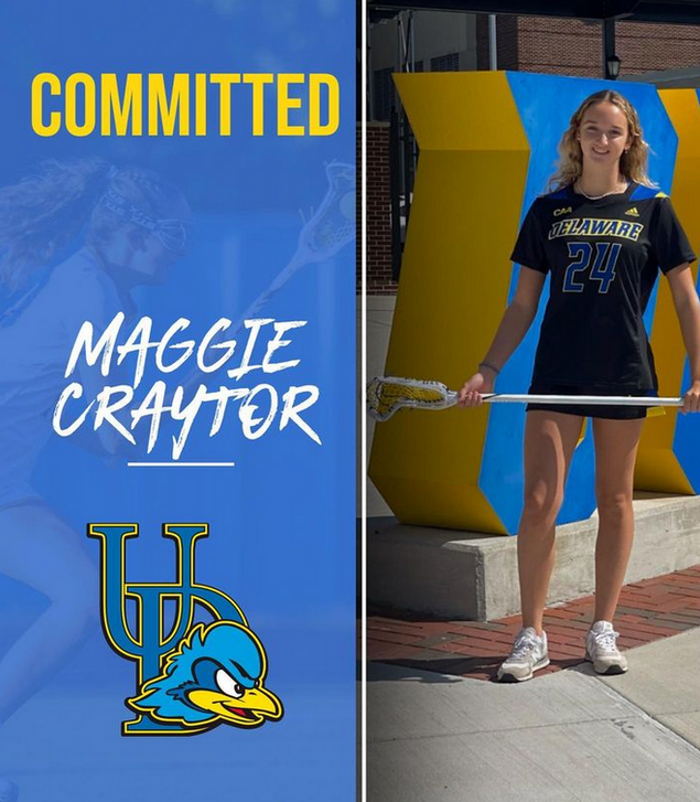 Image of Maggie Crayton who committed to University of Delaware with university logo in background