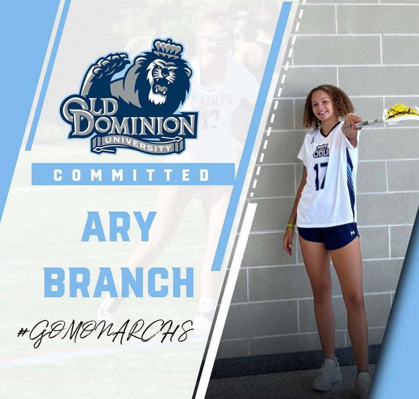 Commitment announcement for Ary Branch to Old Dominion University women’s lacrosse, featuring player in #17 jersey
