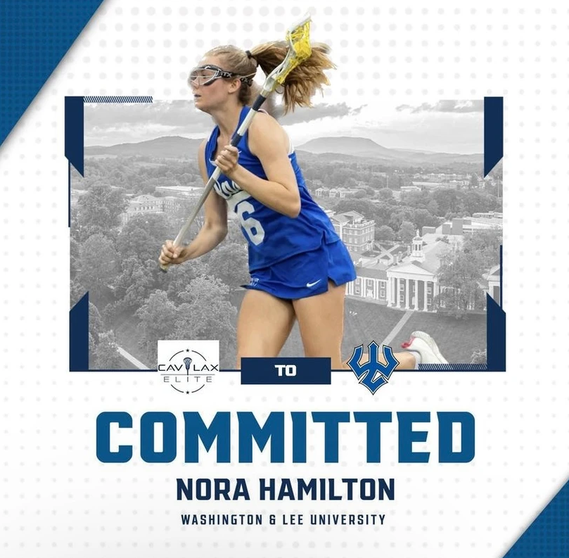 CAV Lax Elite athlete commits to Queens University, wearing blue uniform with scenic background