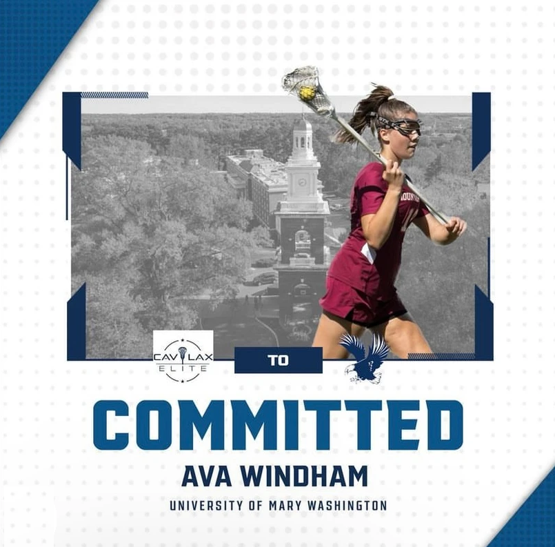 CAV Lax Elite player commits to collegiate program, maroon jersey with iconic campus background in black and white