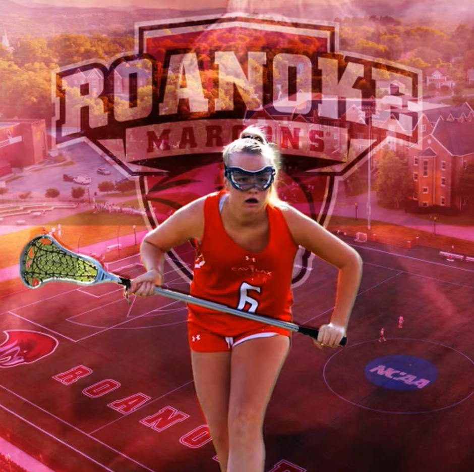 Lacrosse commitment graphic to Southeastern University, player in white SEU jersey in front of school logo