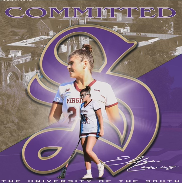 College commitment graphic featuring athlete in white uniform with purple lightning background