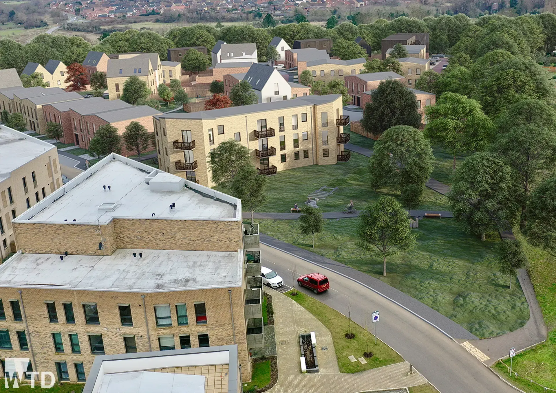 WTD Project - Threescore Phase 3 - Ariel image of apartment block and green space