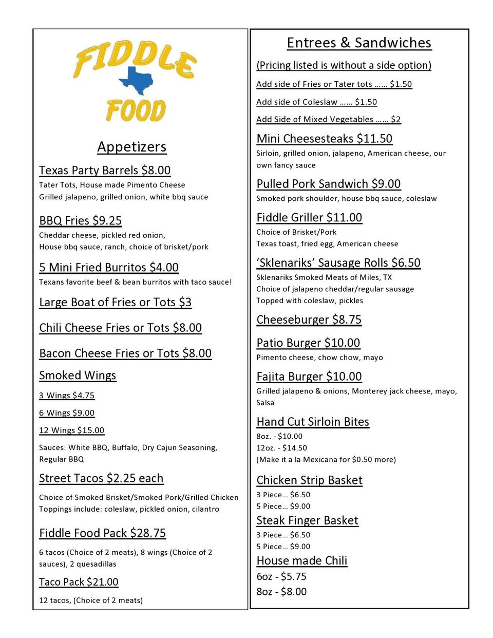 Food Truck Menu New Street Tacos! Fiddlestrings Bar & Patio San