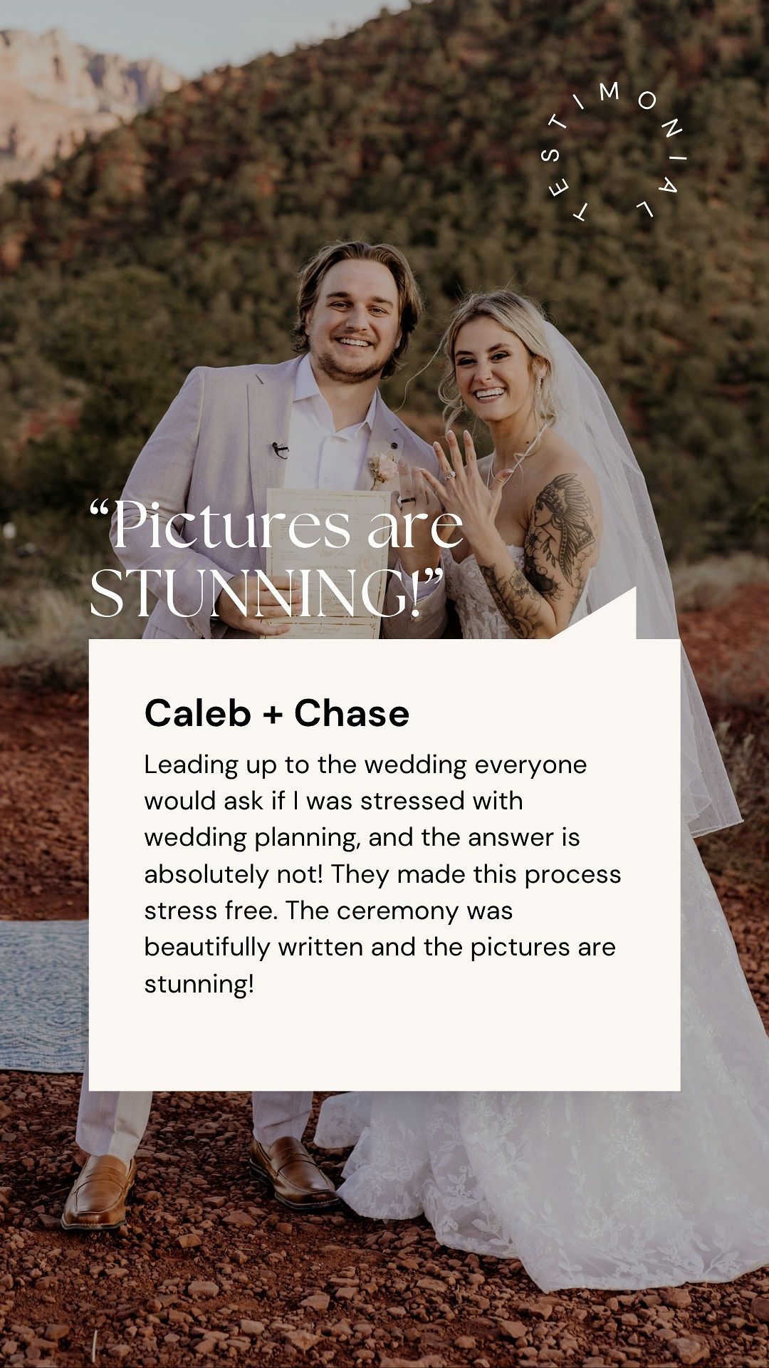 A bride and groom are standing next to each other in front of a mountain.