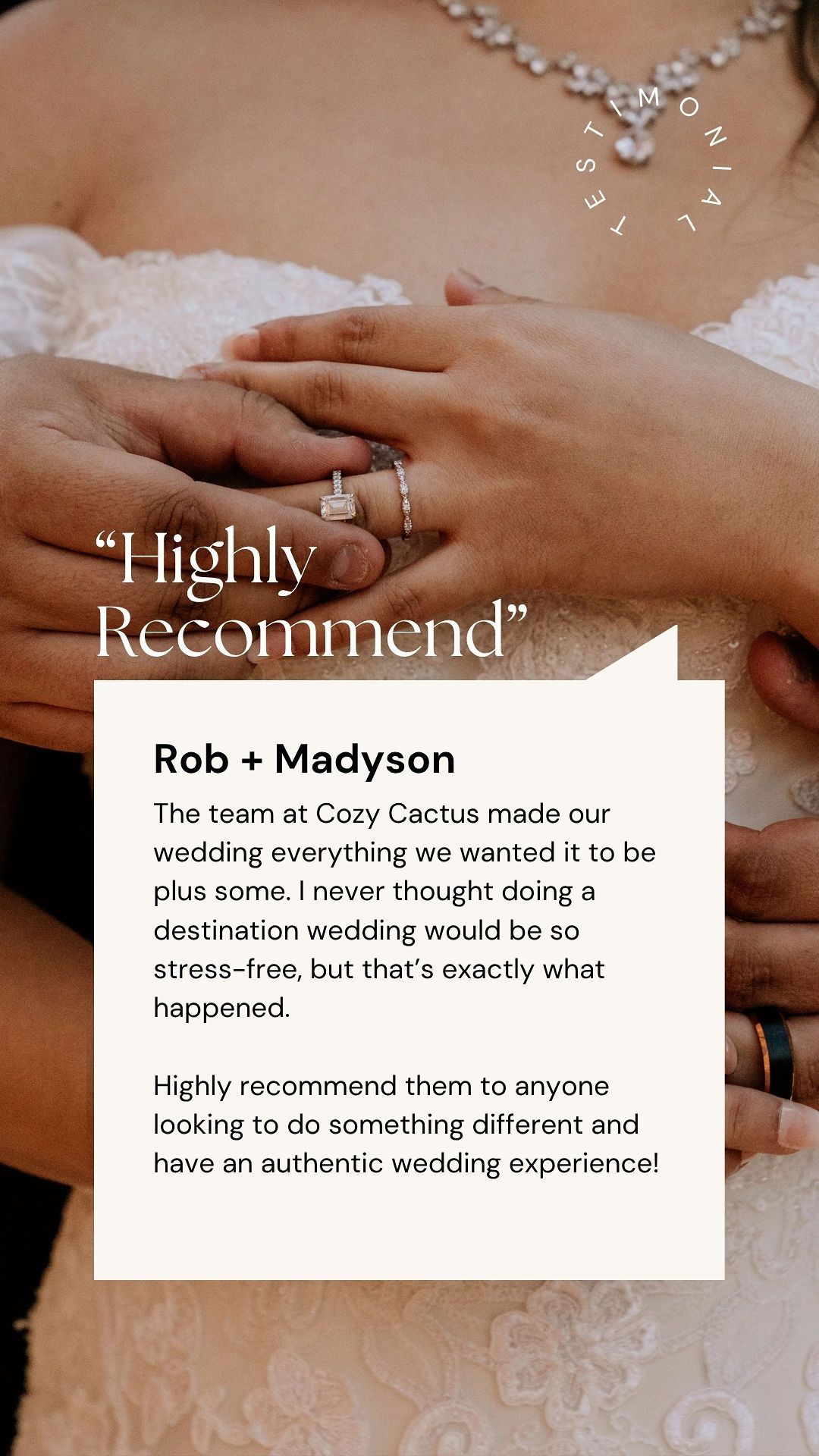 A bride and groom are holding each other 's hands with rings on their fingers.