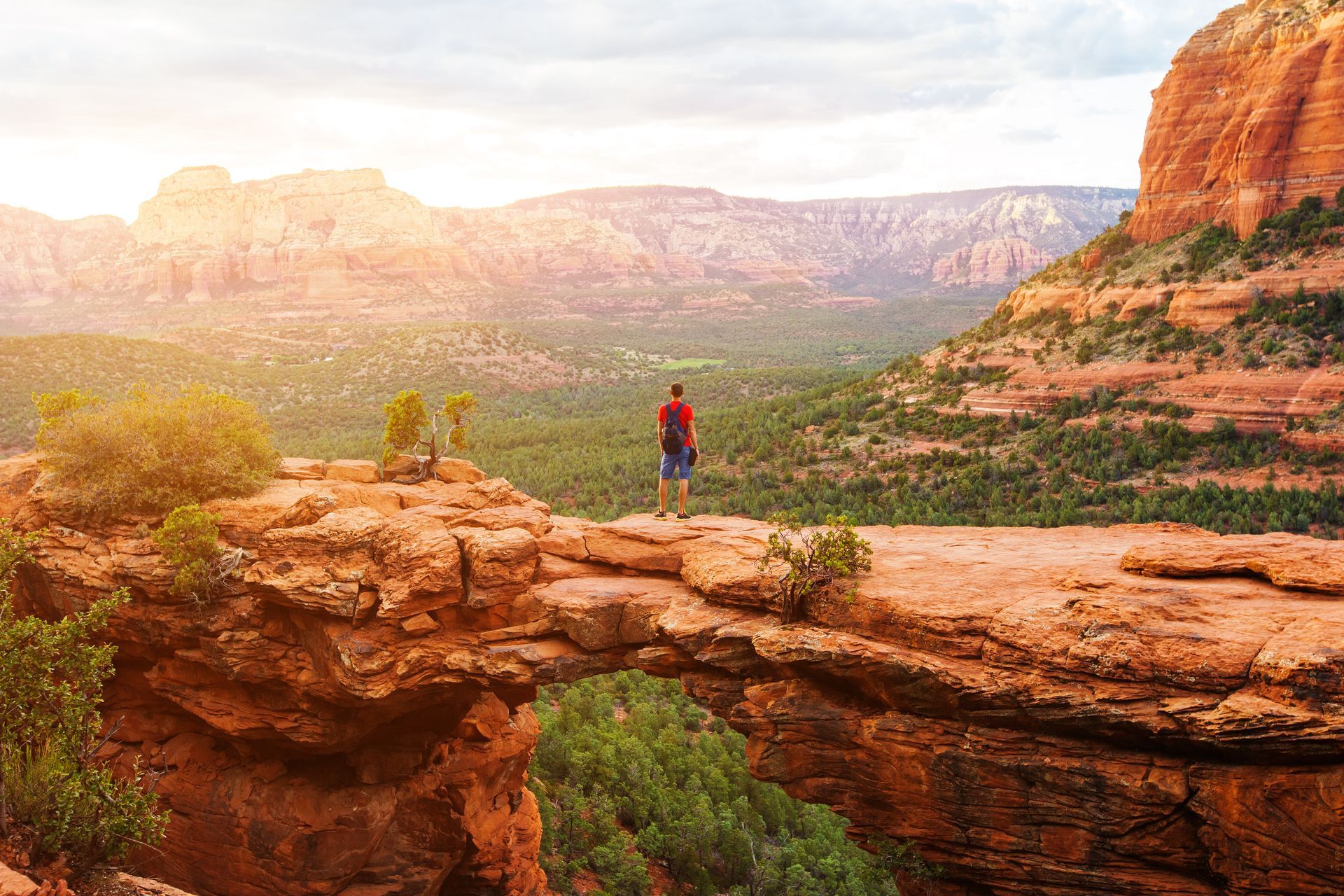 A man is standing on top of a cliff overlooking a canyon at Devil's Bridge