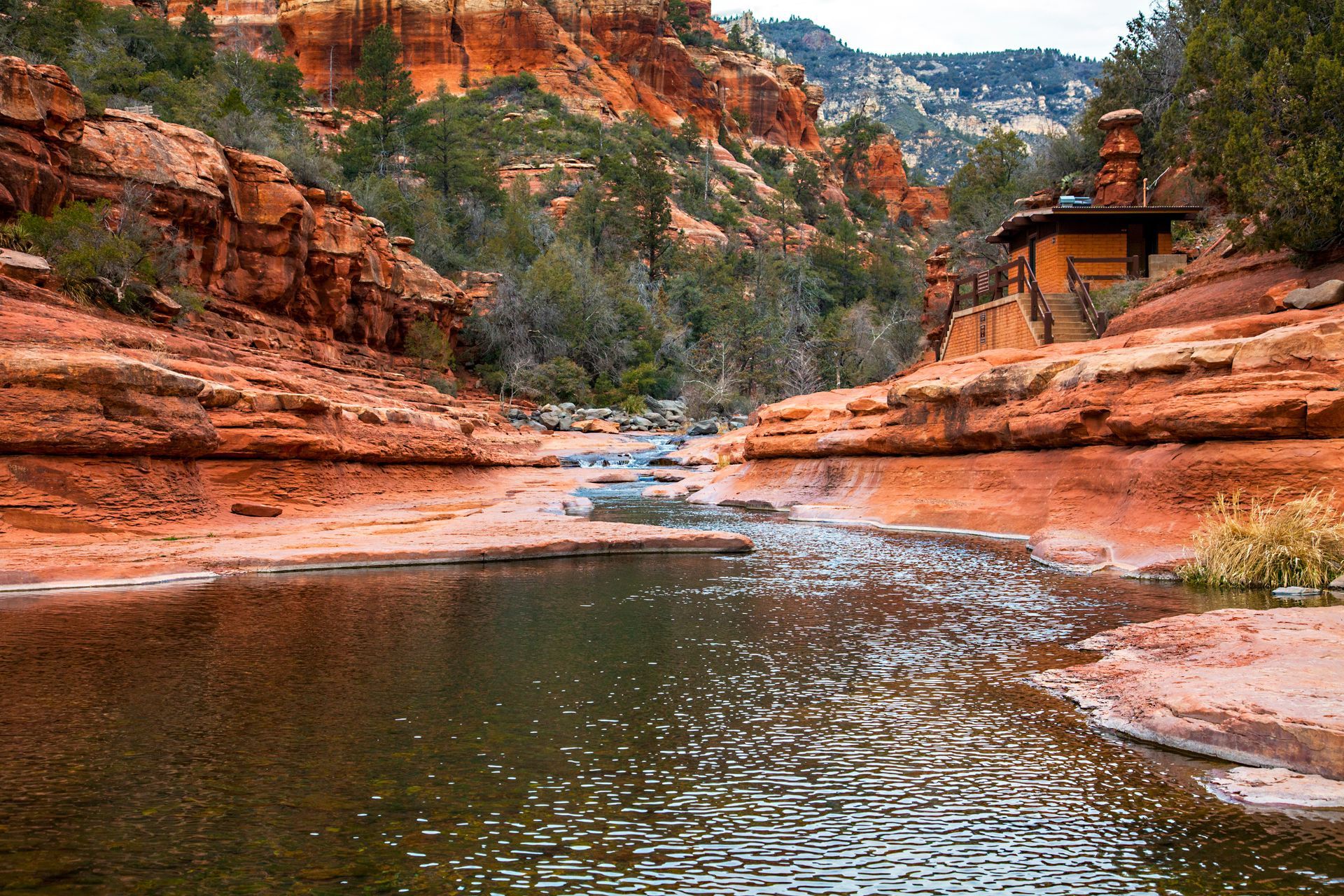 A river runs through a canyon surrounded by rocks and trees