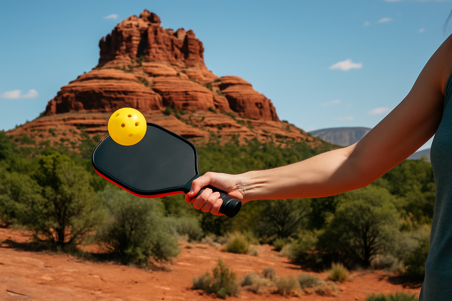 A woman is holding a paddle and a ball in front of a mountain.