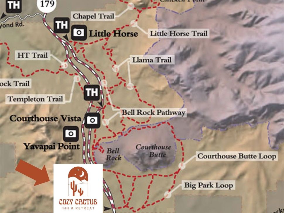 A map of bell rock pathway trailhead parking lot and cozy cactus resort
