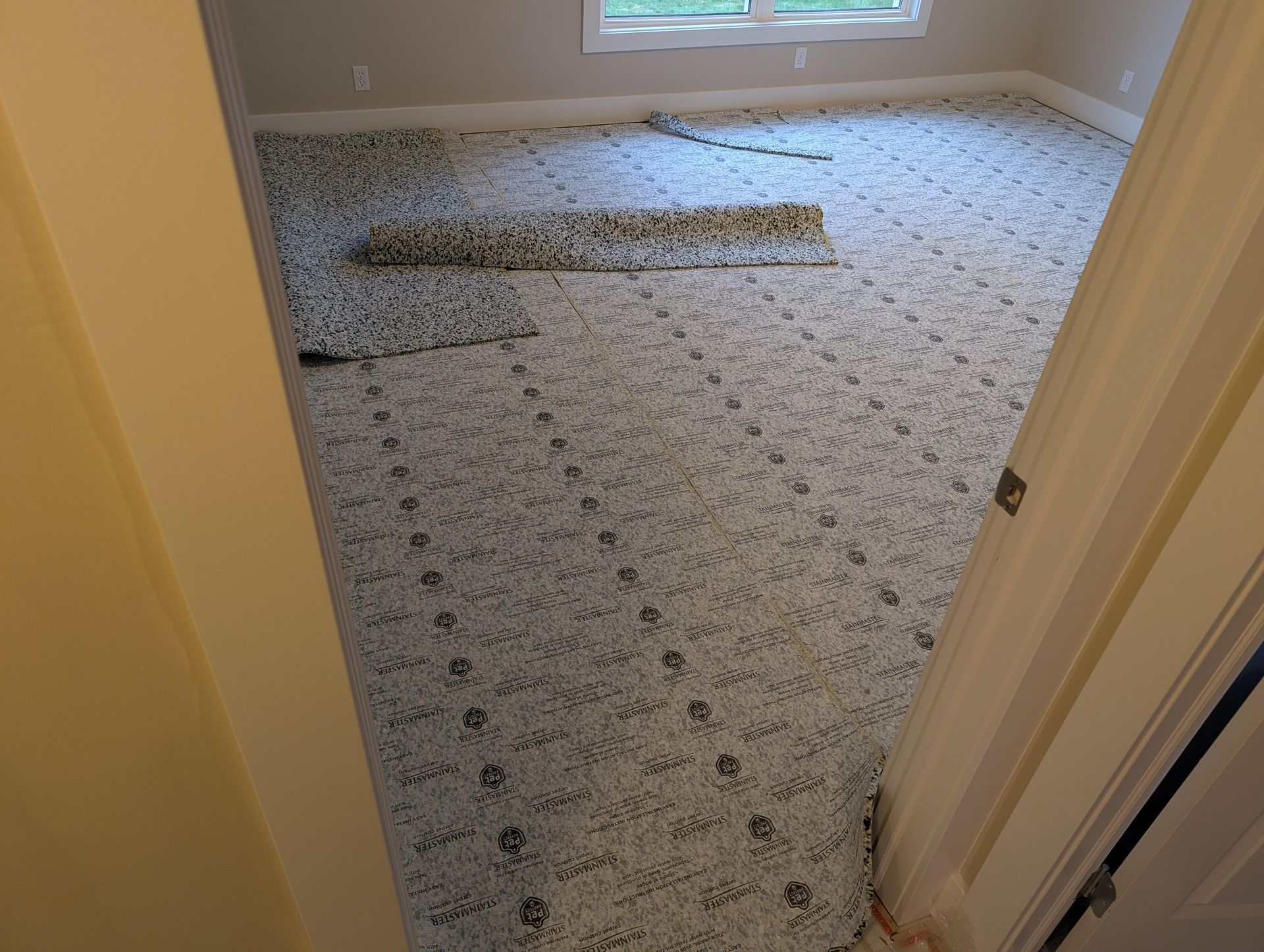 A room with a lot of carpet on the floor.