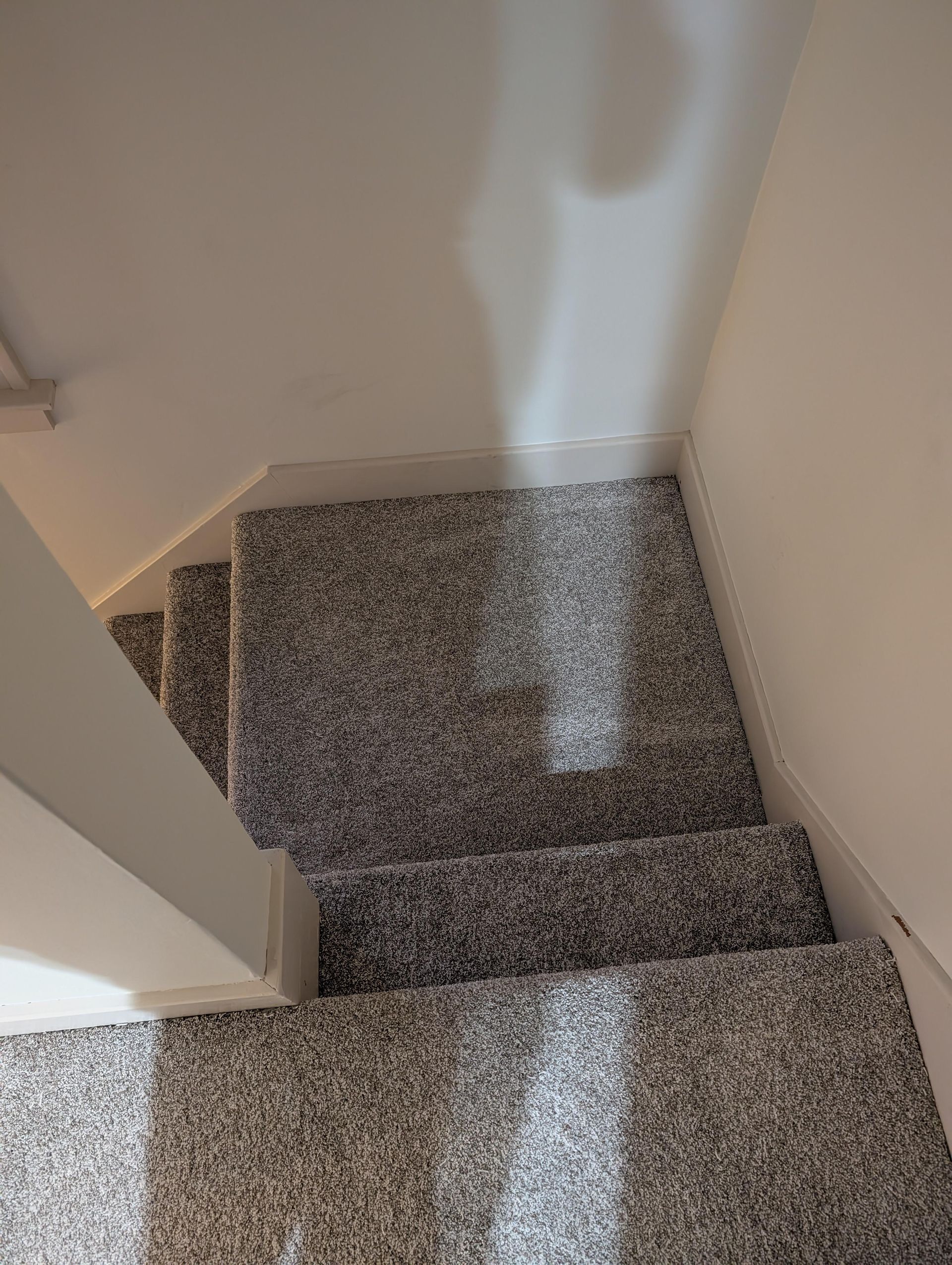 A close up of a staircase with a shadow on the wall.