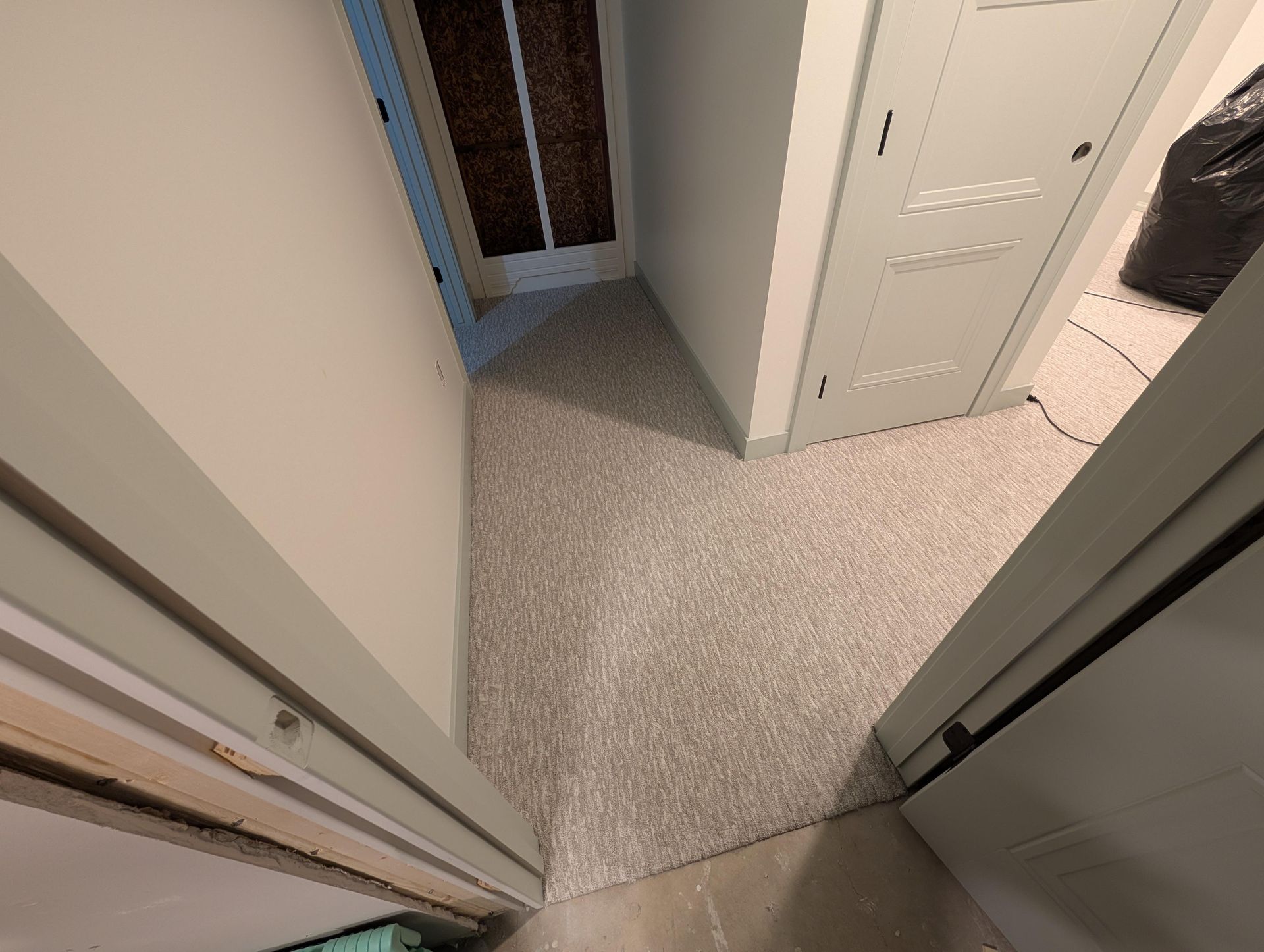 A hallway with a carpeted floor and a closet.