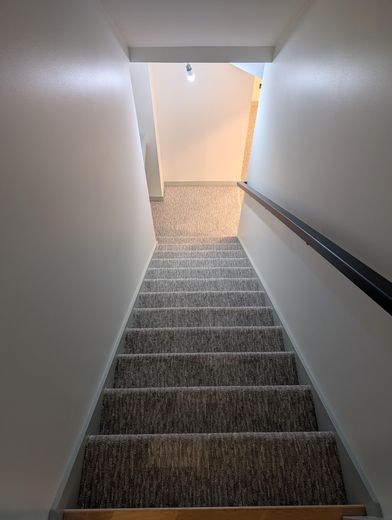 A set of stairs leading up to a basement in a house.